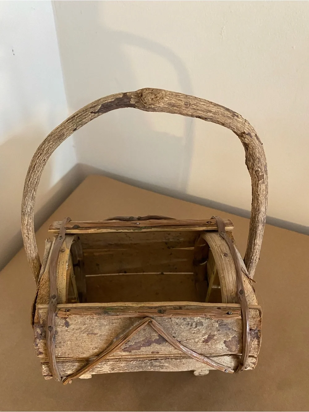 Rustic Natural Wood Handle Barrel Basket Brown with nails, vine wrapped decor